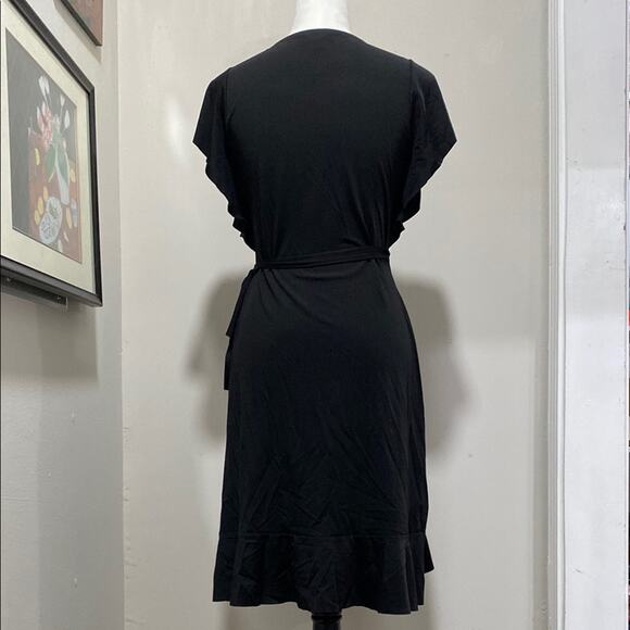 Banana Republic Black Wrap Dress Size Small Petite Asymmetrical Hem Ruffle Tiers - Picture 6 of 9